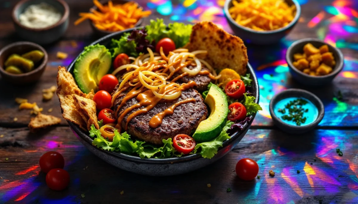 Overhead view of a colorful burger bowl with fresh toppings and sauce drizzle.