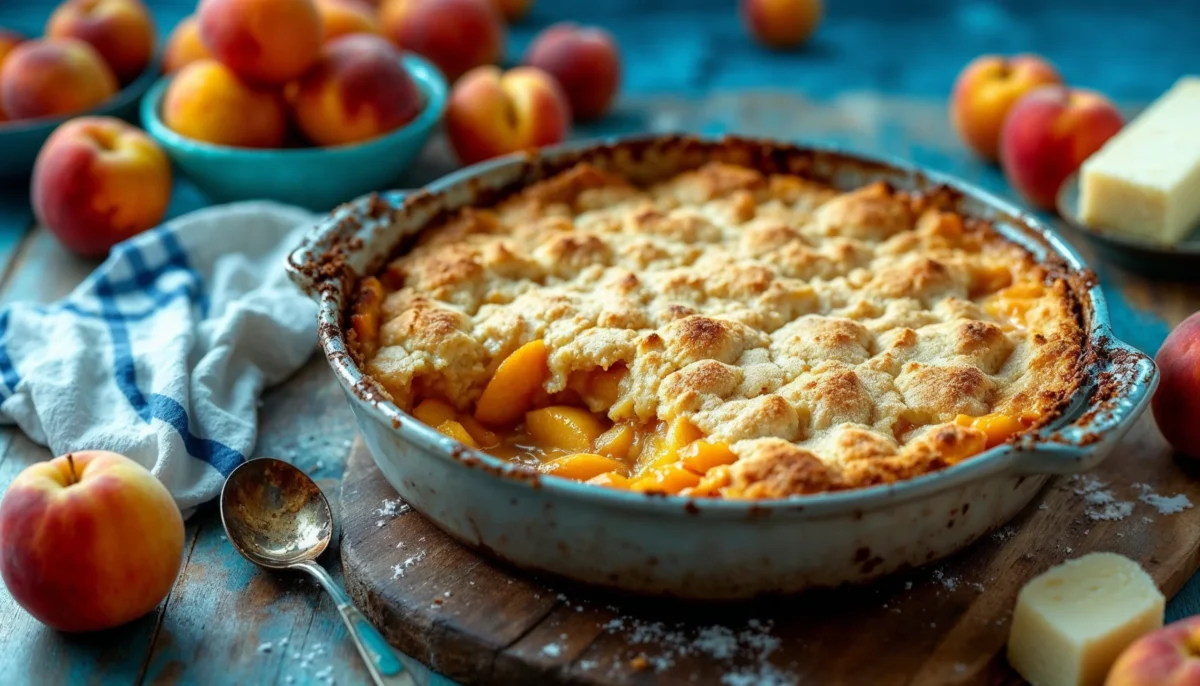 Freshly baked peach cobbler with cake mix, golden topping and bubbling peaches, on a rustic wooden counter.