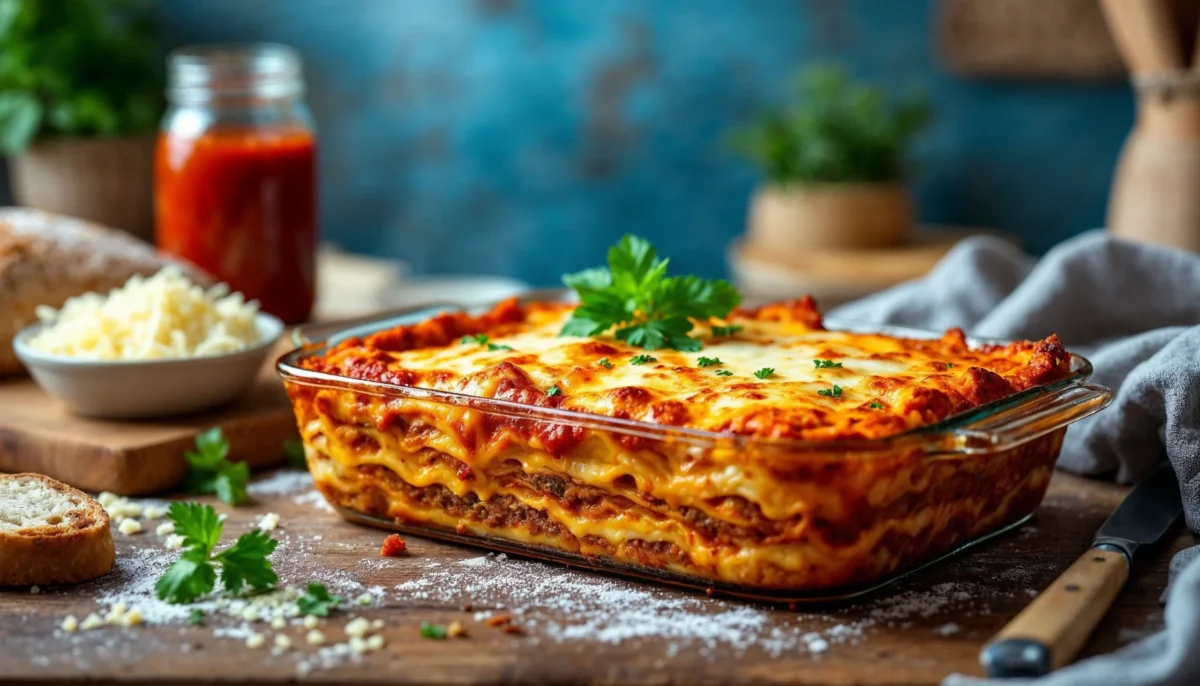 Freshly baked Barilla lasagna in a glass dish with golden cheese and parsley garnish.