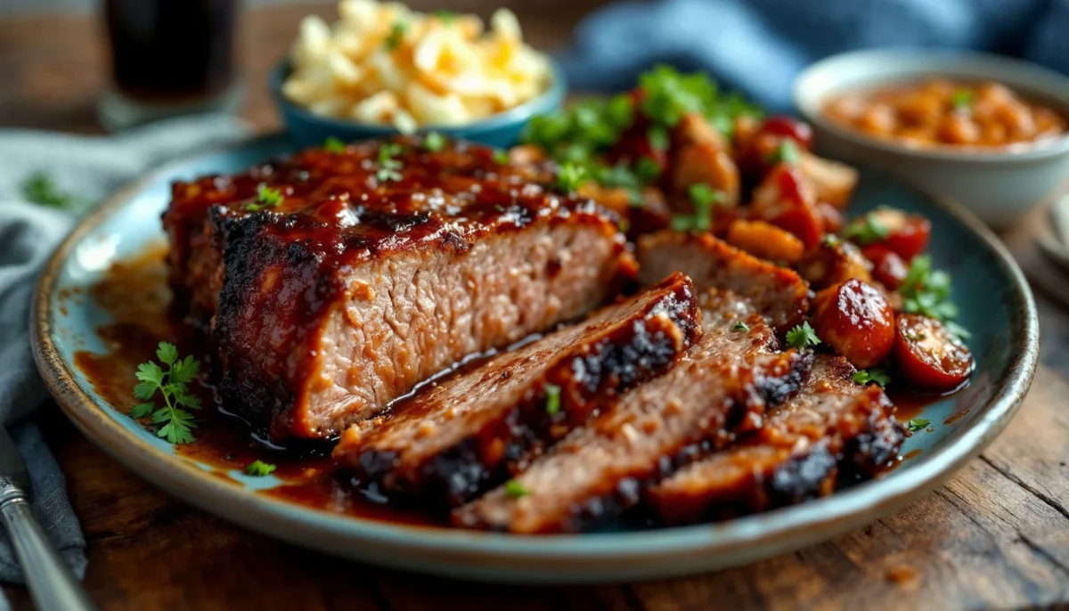 Smoked brisket served with coleslaw and baked beans on a rustic table, showcasing the final result of a Traeger recipe.