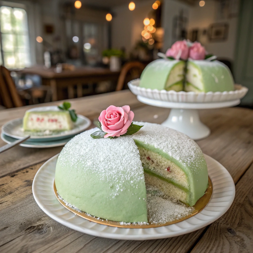 A Swedish Princess Cake with green marzipan and a pink rose, revealing its sponge, custard, and whipped cream layers.