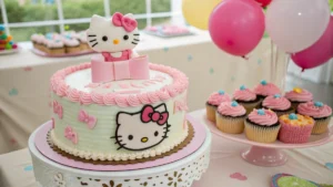 A beautifully decorated Hello Kitty birthday cake with a pink fondant bow, intricate icing details, and matching cupcakes on a pastel-themed dessert table.