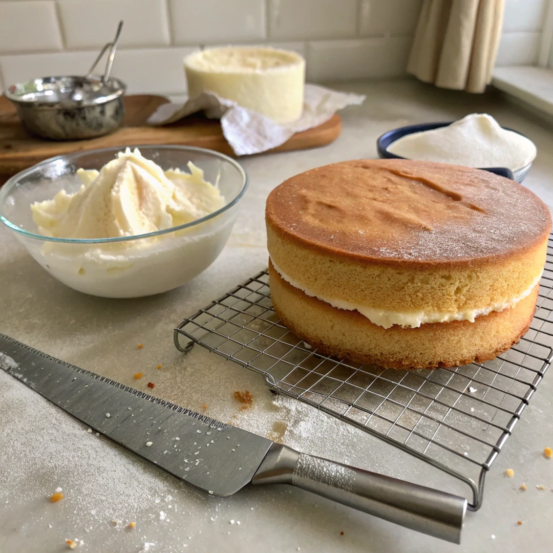 Freshly baked sponge cake layers cooling on a rack, ready for assembling a Princess Cake with custard and whipped cream.