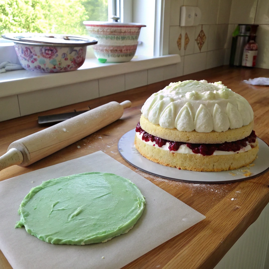 A partially assembled Princess Cake with layers of raspberry jam, custard, and whipped cream, ready for marzipan covering.
