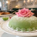 A Swedish Princess Cake with green marzipan, powdered sugar, and a pink rose, elegantly placed on a white plate in a Scandinavian café.