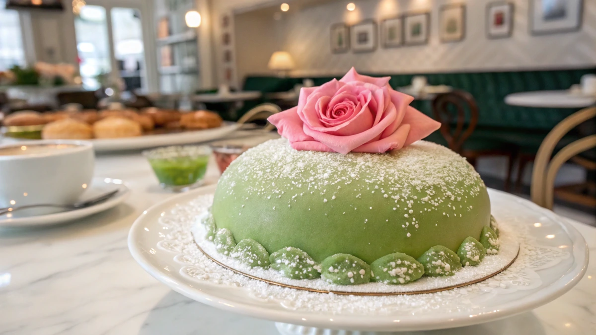 A Swedish Princess Cake with green marzipan, powdered sugar, and a pink rose, elegantly placed on a white plate in a Scandinavian café.