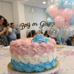 A couple cutting a gender reveal cake, revealing a pink or blue inside, with excited guests in the background.