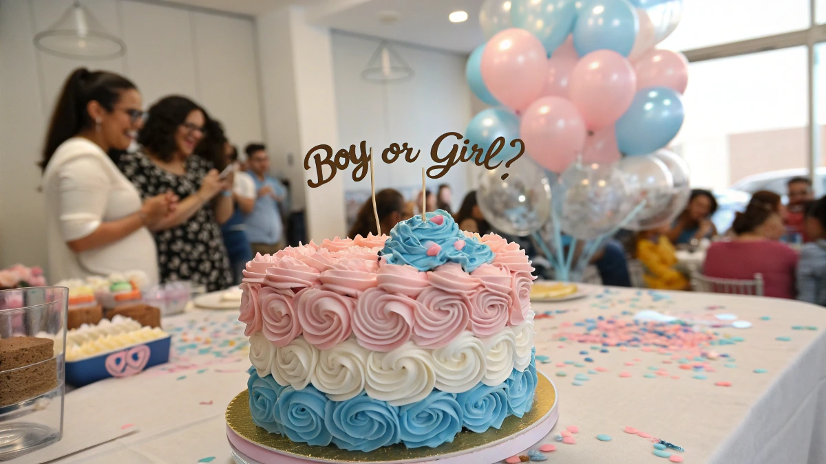 A couple cutting a gender reveal cake, revealing a pink or blue inside, with excited guests in the background.